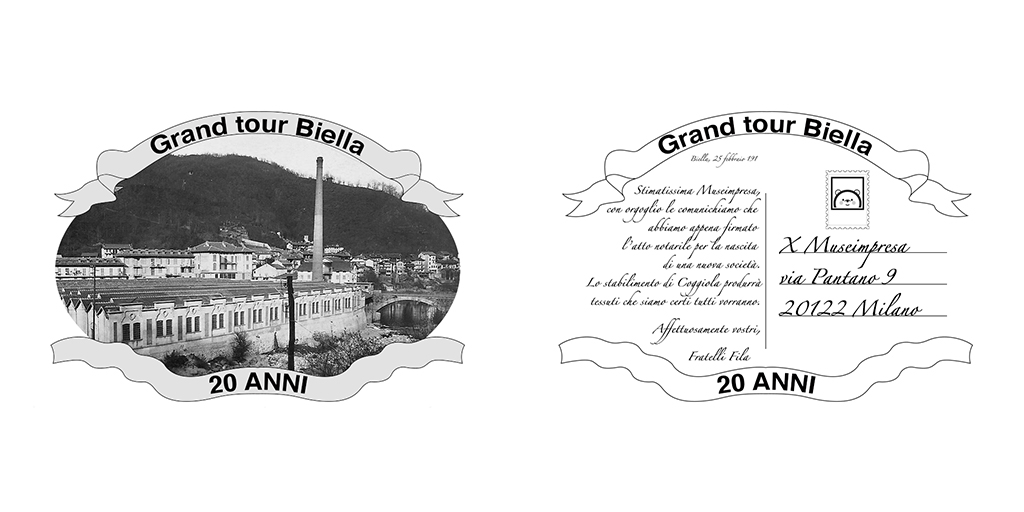 Cartolina Grand tour Biella relativa ai 20 anni della Settimana della Cultura d'Impresa